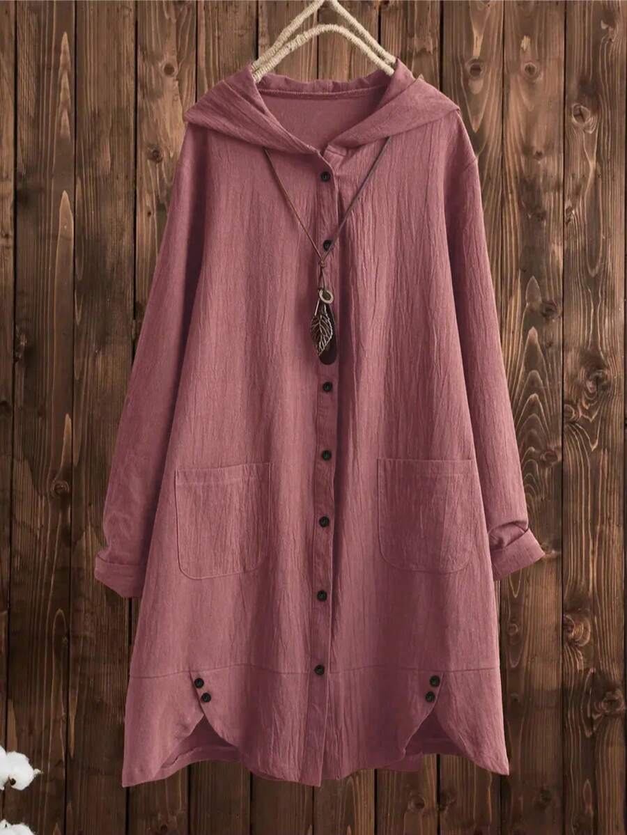 Plus Size Long Hooded Shirt, Button Front, Side Slits, Woven Fabric Shirt - Brown - View 1