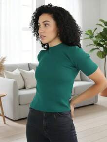 High-Neck, Short-Sleeved Cotton Knit Blouse - Verde - Ver 3