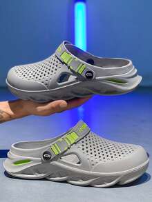 Men's Solid Color Breathable Slip-On Sandals, Comfortable Non-Slip Indoor/Outdoor Slippers, Lightweight Hollow Mesh Beach Water Shoes For Camping & Hiking - Grey - View 2