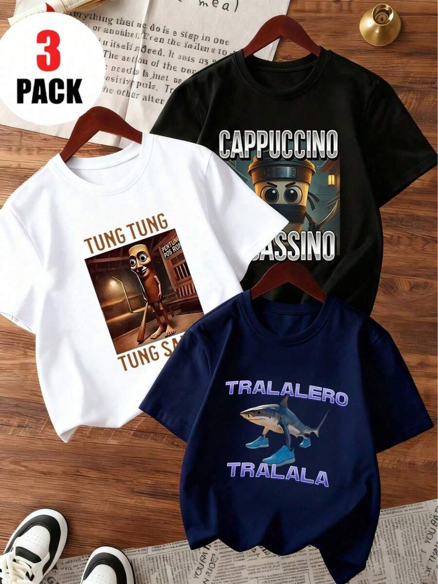 3pcs Tween Boys' "Italian Brainrot" Graphic Print Crew Neck Short Sleeve T-Shirts, Summer Tops - Navy Blue - View 1