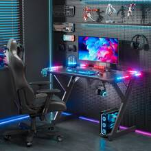 HLONONE Gaming Desk With LED Lighting, 100*55cm Gaming Table, Sturdy Computer Desk With Carbon Fiber Coating, Gamer Table With Cup Holder And Headphone Hook, Black - 黑色 - 查看 3
