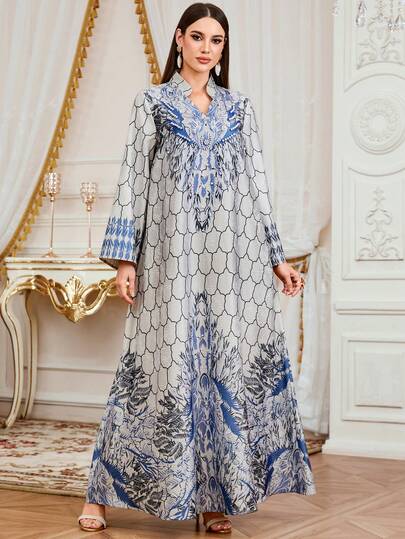 Elegant Women's Long Robe With Pearl Decor, V-Neck, Wrist Length, Woven Fabric, Luxury Full Length Jalabiya Dress
