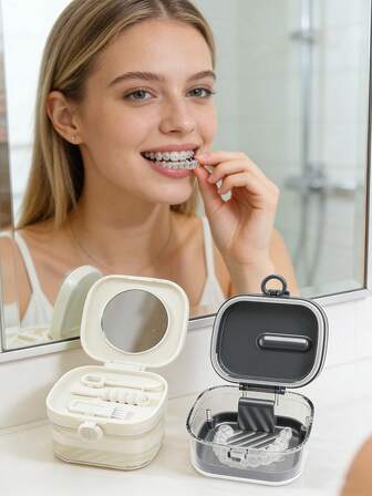 1 st multifunktionellt ortodontiskt retainerfodral - Bärbar tandställningsrengöringslåda med dräneringslager för resor och daglig användning