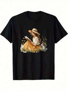 Camiseta Casual de Manga Corta Negra para Hombre con Estampado de Chica Lectora Caprichosa. Poliéster ligero. Cuello redondo. Esencial de Verano para Adultos. Ropa casual de verano Camiseta gráfica vibrante Ajuste cómodo - Negro - Ver 1