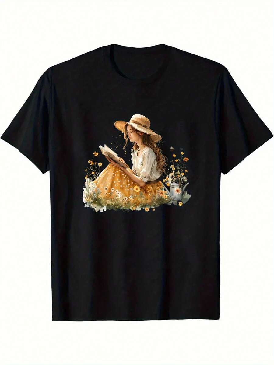 Camiseta Casual de Manga Corta Negra para Hombre con Estampado de Chica Lectora Caprichosa. Poliéster ligero. Cuello redondo. Esencial de Verano para Adultos. Ropa casual de verano Camiseta gráfica vibrante Ajuste cómodo - Negro - Ver 1