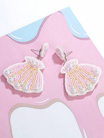 1 Pair Ballet Skirt Shape Rice Bead Pearl Earrings, Handmade Pink Rice Bead Pearl + White Faux Pearl Earrings, Elegant Exquisite Women's Fashion Jewelry