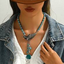 1pc Turquoise Beaded Vintage Ox Head Pendant Necklace For Women - Multicolor - View 8