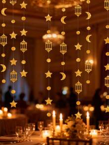 1pc 3 Meters Gold Star & Moon Garland Decor, Hanging Stars, Moons, Dots & Crescent String Lights And Ribbons, For Backdrop Banner, Suitable For Home Decor, Festivals, New Year Celebrations, Weddings And Birthday Parties - Multicolor - View 1