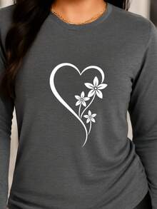 Women's Casual Long-Sleeved T-Shirt With Asymmetrical Floral And Heart Print. Regular Fit, Machine Washable, Suitable For All Seasons. Comfortable And Casual Wear, Durable For Casual Attire And Special Occasions. - 深灰色 - 查看 3