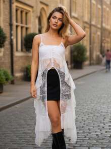 Women's Boho Lace Cami Top Elegant Ruffle Spaghetti Strap Tank Top Flowy Summer Camisole  Beach Vacation Top - 白色 - 查看 6
