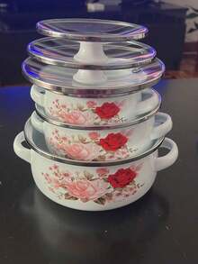 3pcs Multi-Color Enamel Cookware Set, Thick Double-Ear Enamel Cooking Pot, Suitable For Gas & Induction Cooktop, Includes Soup Pot, Milk Pot, Cartoon Cute Enamel Bowl With Handle