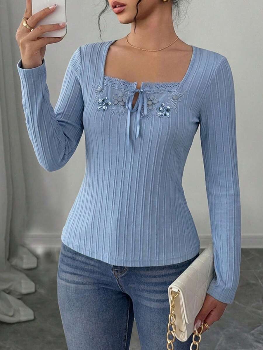Women's Elegant Beaded Embroidery Lace Kitted Top - Baby Blue - View 1