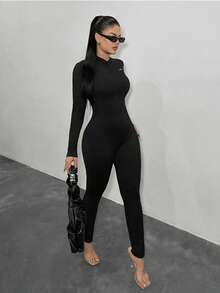 FlowZen Women's New Spring/Summer Black Half-Zip Long Sleeve Jumpsuit, Sexy Slim-Fit Bodysuit, High Elasticity Skin-Friendly Design, Suitable For Commuting, Street, Date, Music Festival, Party, Vacation, Y2K Sexy Girl Essential - Black - View 2