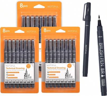 NOTEFUL Fineliner Pens - Black Micro Pens For Writing, Drawing &Amp; Journaling \U2013 Archival Waterproof Ink \U2013 Precision Art Pens For Sketching, Outlining &Amp; Detailing (1 Count (Pack Of 8))