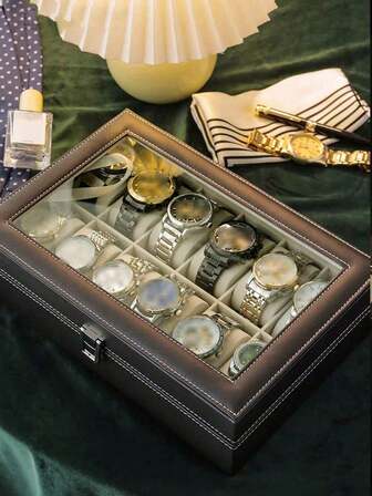 1 pieza Caja de almacenamiento de relojes con ventana de vidrio, estuche de exhibición de relojes y pulseras