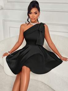 AIJ Robe mini en satin à une épaule pour femmes, automne-hiver, Noël - Nœud à la taille, large forme A, couleur unie - Style sexy pour cocktail, dîner et danse