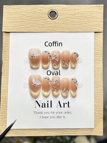 10 unhas postiças artesanais em formato oval/caixão, tamanho médio/curto, rosa suave, dourado brilhante com efeito olho de gato, adesivo de unha com borboleta, pequenas pedras de unha incrustadas, unhas elegantes e luxuosas para o outono, unhas postiças versáteis para fazer você mesma, perfeitas para festas, uso diário, encontros, praia e viagens tropicais. Reutilizáveis e ideais para presentear mulheres e meninas. Suprimentos para unhas. - Rosa - Ver 3