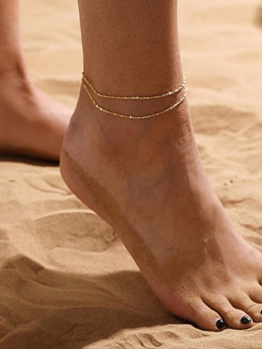 14K金精致多层脚链，女士款，材质优良，夏季沙滩黄金首饰套装，馈赠佳品 - 14K金 - 查看 1