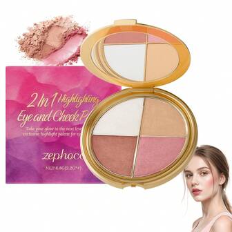 Paleta de maquillaje para ojos y mejillas de gran capacidad - 8.8g (2.2g) Paleta de sombras de ojos y iluminador, paleta de maquillaje multifuncional, diseño de iluminador, resistente al agua y de larga duración, acabado mate y brillante, multiusos para rubor, contorno y sombras de ojos, desde rosa claro hasta brillo dorado, tonos naturales brillantes, iluminador facial