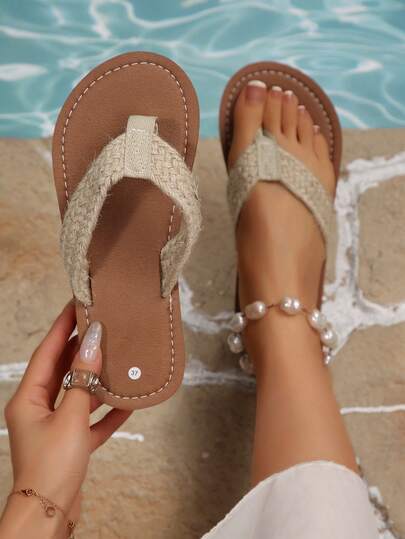 Handwoven Thong Sandals, Coffee-Colored Sole, Suitable For Various Occasions - Casual Flip Flops For Beach, Soft & Comfortable 3.0 Sole, Elegant And Fashionable Combination Of Coffee-Colored Sole And Light-Colored Flat Sandals