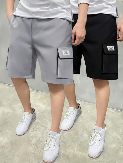 2pcs/Set Teens/Youth Casual Loose Solid Color Cargo Shorts, Lightweight Breathable Versatile Workwear Shorts For Summer Daily, Outdoor, School, Dates
