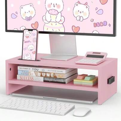BONTEC Wooden Monitor Stand Riser, 2-Tier Desk Shelf With Storage Organizer, Ergonomic Computer Stand With Cable Management, Cellphone Holder, White, 165 Inch
