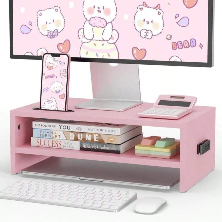 BONTEC Wooden Monitor Stand Riser, 2-Tier Desk Shelf With Storage Organizer, Ergonomic Computer Stand With Cable Management, Cellphone Holder, White, 165 Inch - ColorC - View 1