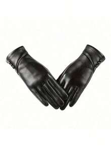 2-Pack Women'S Genuine Leather Gloves, Elegant Solid Color, Full Finger With Elasticity, Stripe Craftsmanship, Touchscreen Compatible, Warm Fleece Lined, Windproof For Weekend Casual Use - Black - View 6