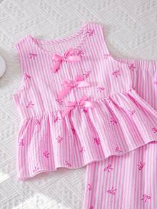 女童两件套服装：无袖连衣裙上衣、纽扣开衫、蝴蝶结印花条纹阔腿裤，可爱优雅的夏季女童服装 - 粉色 - 查看 7