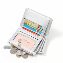 New Patchwork PU Leather Short Women Wallet, High-End Bifold Purse, Minimalist Card Holder, Snap Button Closure - Silver - View 3