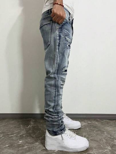 Jeans de mezclilla elástica con efecto desgastado y ajuste delgado para hombres, jeans pitillo con lavado diferencial, estilo personalizado, de tela de algodón con bolsillos laterales, versátil