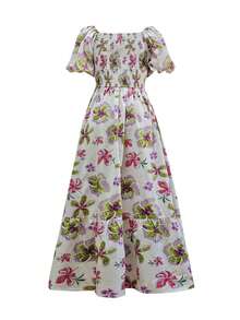 Đầm hoa mùa hè cổ vuông tay phồng, eo cao, dáng xòe, kiểu dáng nghỉ mát thanh lịch - Màu tím - Xem 5