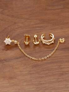 Ensemble de 4 boucles d'oreilles puces lune en acier inoxydable doré 18 carats, plaqué or, avec chaîne à fleurs et zircon. Bijoux tendance. - 4 pièces pour une oreille - Voir 4