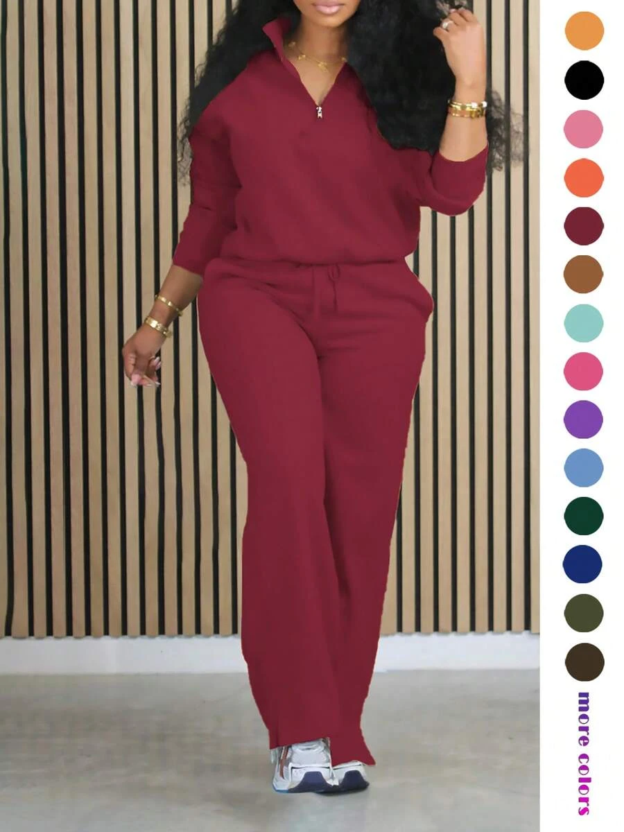 Damen Einfarbiges 2 Stücke Set: Lässiger Langarm-Reißverschluss-Hoodie und Hose mit Kordelzug und Schlitz, gerade Beinform, Frühling - Bordeaux - Übersicht 1