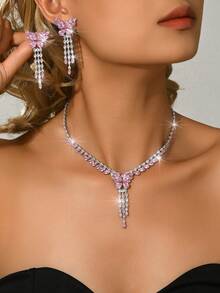 Women's Silver-Tone Butterfly & Tassel Rhinestone 2 Pieces Jewelry Set (Necklace+Earrings) - Glam Bridal Evening Jewelry - MS462 - View 15