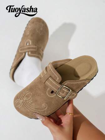 New Fashion Metal Buckle Decor Embroidered Thick Sole Comfortable Solid Color Cork Bottom Platform Slide Sandals, Peep Toe, Versatile, Suitable For Outdoor, Commute, Casual, Daily Wear