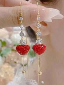 Rundraw 2pcs Luxury Heart Shaped Metal Earrings, Fashion Jewelry Party, Festival - Đỏ - Xem 1