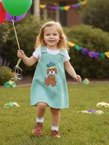 Vestido de MardiGras para niña pequeña, con bordado de perro a cuadros, sin mangas, informal, para verano y primavera - Verde - Ver 8
