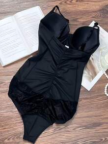 1pc Lace Panel Shapewear Bodysuit, Y2K Sexy Style Stretchy Skin-Friendly Tight-Fit Adjustable Straps Lace Hem Push Up Waist Control Slimming Bodysuit Date Parties/Daily Outings/Girls Gatherings - Black - View 4