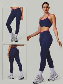 Damen Sporthose ohne Vordernaht mit kontrastfarbiger Einfassung, V-förmiger Taille, formend, für Fitness und Yoga - marineblau - Übersicht 4