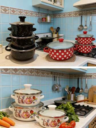 3-delars flerfärgad emaljkokkärlsset, tjock emaljgryta med dubbla öron, mångsidig för gas- och induktionshäll, inkluderar soppgryta, mjölkgryta, tecknad söt emaljskål