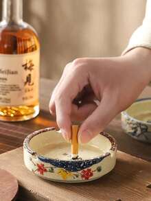 Ceramic Ashtray With Lid, Ink Painting Ashtray, Round Ashtray With Anti-Ash Design, Thick And Easy To Clean, Japanese Mid-To-High-End Ashtray, Retro Tea Room Ashtray, Creative Ashtray, Suitable For Home Living Room, Hotel Restaurant And Tea Room