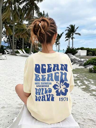 Tween Girls' Slogan & Floral Print Round Neck Dropped Shoulder Short Sleeve Casual Loose T-Shirt