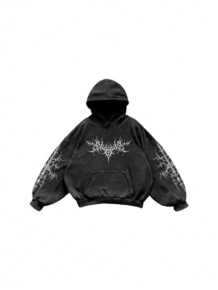 Vintage Y2k Gothic Hoodie Black Bat Graphic Casual Pullover Unisex Party Sweatshirt Outdoor And Everyday Tops - 深灰色 - 查看 1