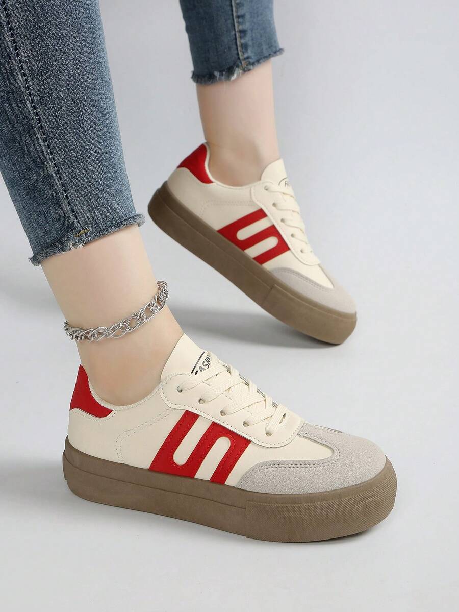 2026 New Women's Outdoor Casual Sneakers, Thick Sole Low-Top Rubber Sole Lace-Up Simple Fashion Outdoor Campus Style Daily Versatile Comfortable White Shoes - Red - View 1