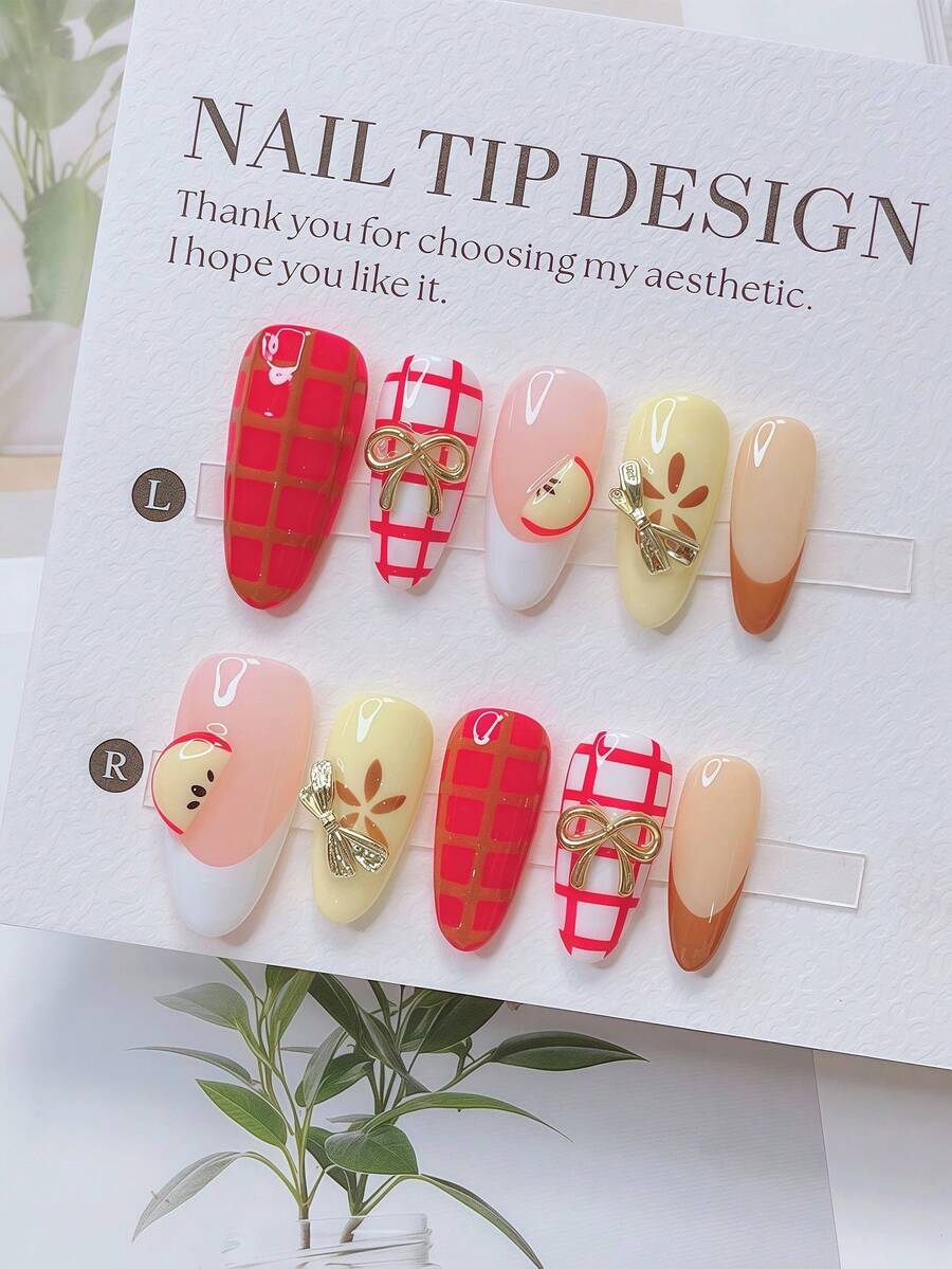 10 Peças Conjunto de Unhas Almendradas Autoadesivas Estilo Y2K - Artesanais, Unhas Rosas, Unhas Amarelas, Unhas Francesas Brancas, Fatias de Maçã 3D Feitas à Mão, Design Xadrez Vermelho e Branco Desenhado à Mão, Flor Marrom Desenhada à Mão, Arte de Unhas Xadrez, Decoração de Laço Dourado Cintilante, Unhas Delicadas e Fofas - Perfeitas para Festas e Trajes Casuais - Multicolorido - Visão 1