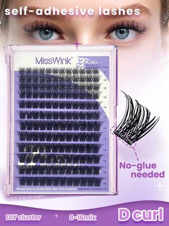 Miss Wink 144pcs D-Curl Reusable Eyelashes, 8-16mm, Press-On Self-Adhesive, Long-Lasting, No Glue Needed, Segmented, Thick & Natural Look, Eyelash Extension, Gift For Women & Girls, Comfortable Wear, Non-Irritating