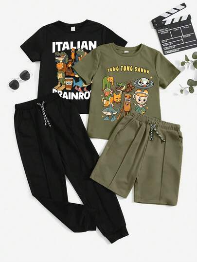 2件套幼儿男童卡通印花短袖T恤和短裤套装