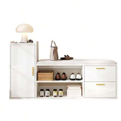 128*30*68cm Shoe Cabinet/Shoe Rack With 2 Drawers, 1 Cabinet, High-Gloss Shoe Bench/Bench With Upholstery And Storage Space, Suitable For Living Room, Hallway, Office, White