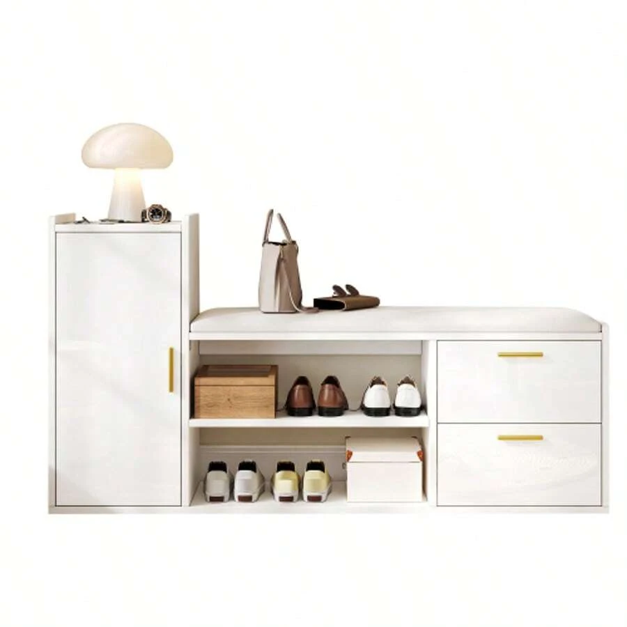 128*30*68cm Shoe Cabinet/Shoe Rack With 2 Drawers, 1 Cabinet, High-Gloss Shoe Bench/Bench With Upholstery And Storage Space, Suitable For Living Room, Hallway, Office, White - 白色 - 查看 1